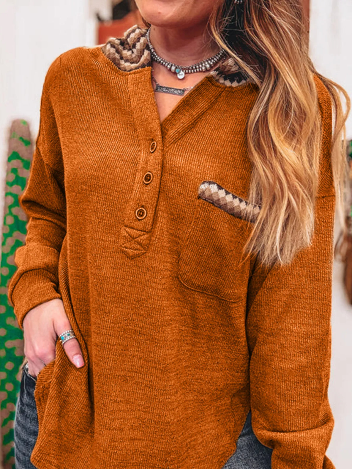 Contrast Plaid Hood Patchwork Chest Pocket Henley Top Terracotta