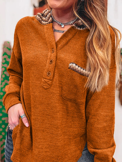 Contrast Plaid Hood Patchwork Chest Pocket Henley Top Terracotta