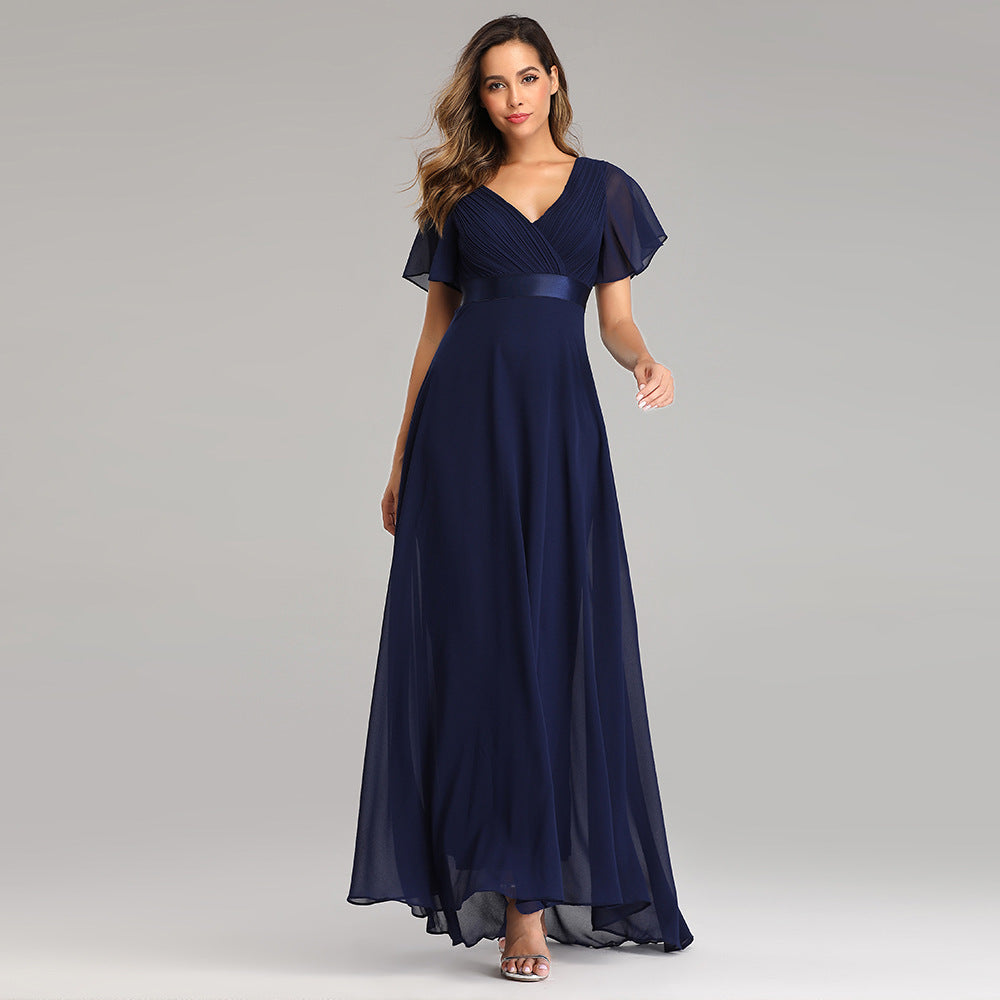 Elegant V Neck Solid Evening Dress Navy Blue