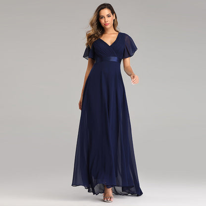Elegant V Neck Solid Evening Dress Navy Blue