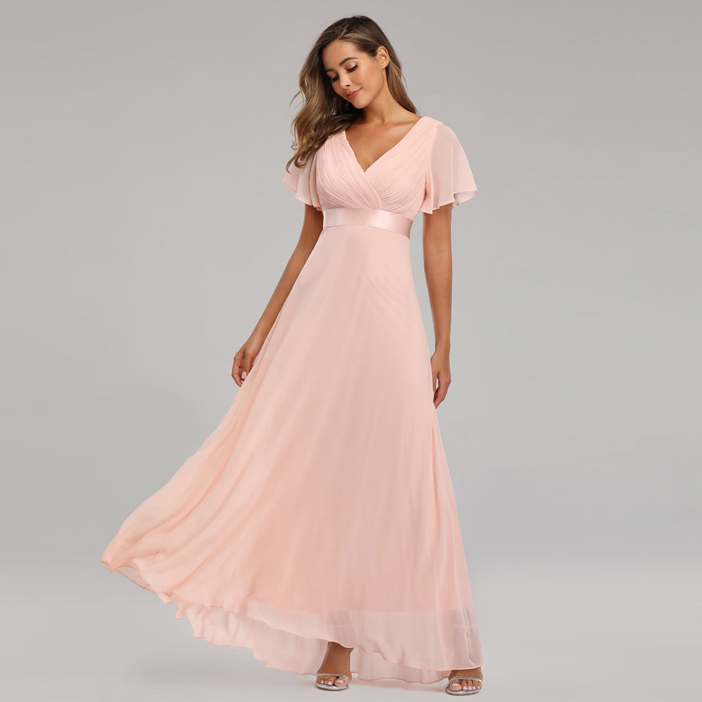 Elegant V Neck Solid Evening Dress Pink