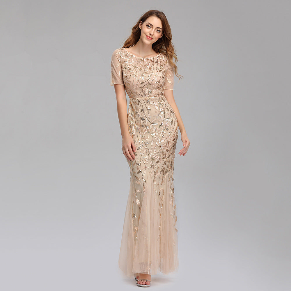 Jesse Sequin Mesh Gown Gold