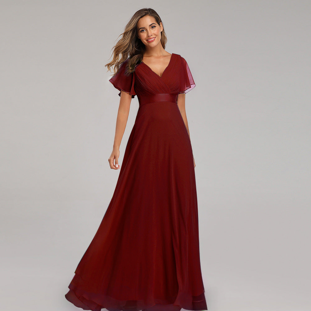Elegant V Neck Solid Evening Dress Burgundy