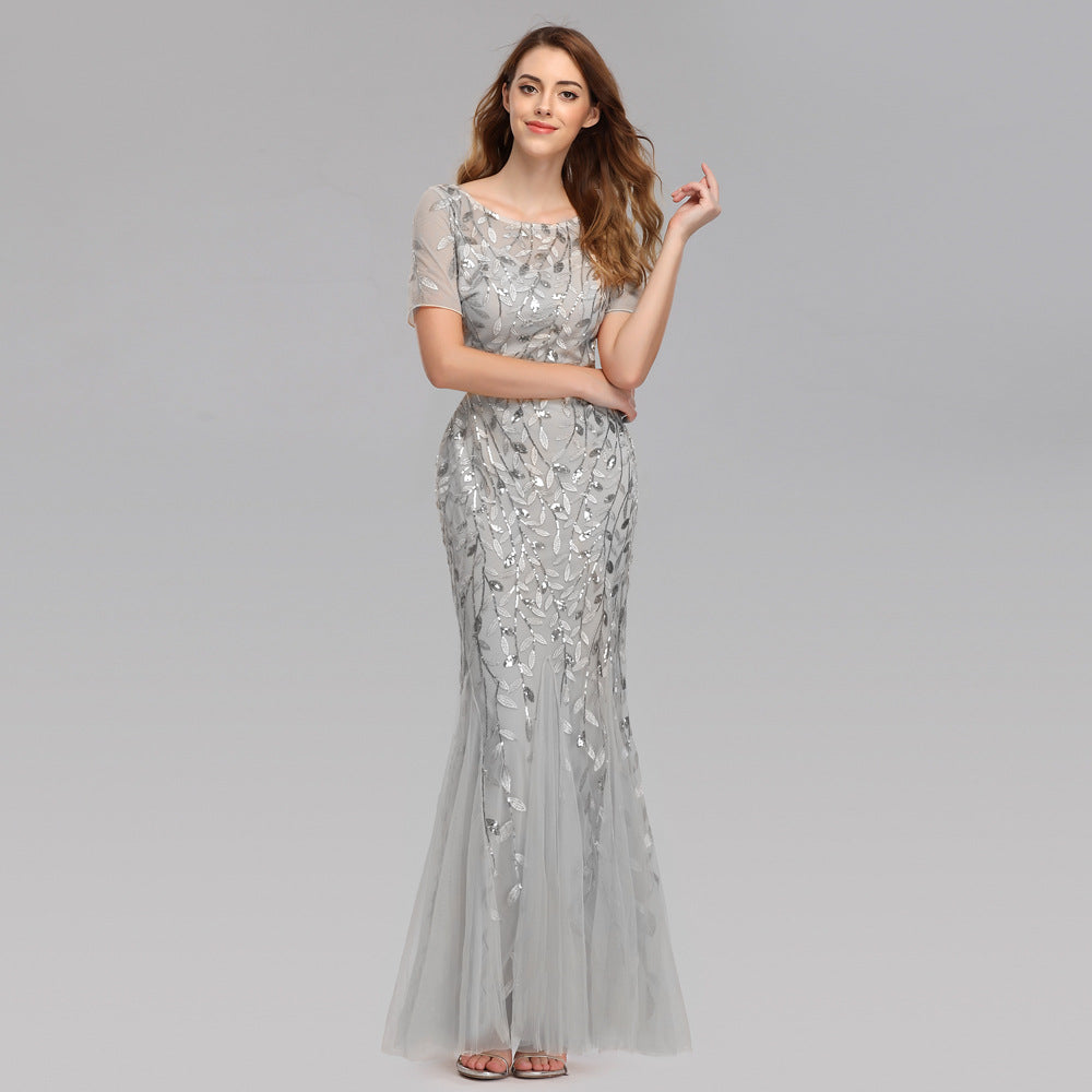 Jesse Sequin Mesh Gown Silver