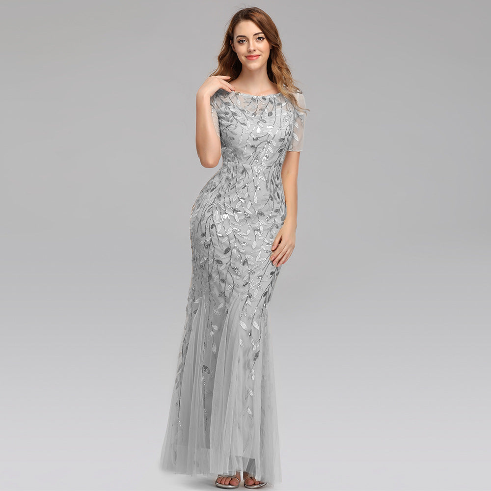 Priyanka Short Sleeves Mesh Sequined Evening Silver