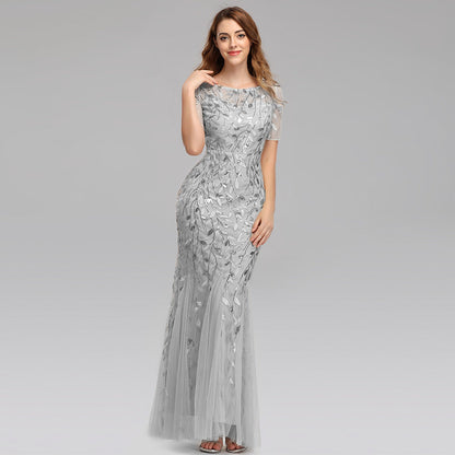 Priyanka Short Sleeves Mesh Sequined Evening Silver