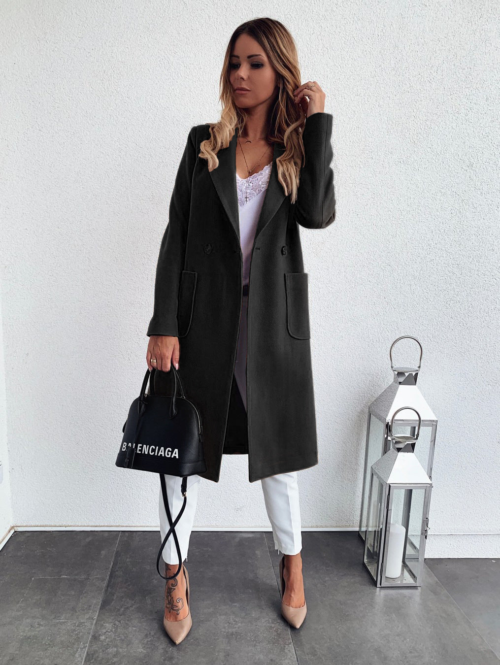 Double Pocket Woolen Long Sleeve Coat Black