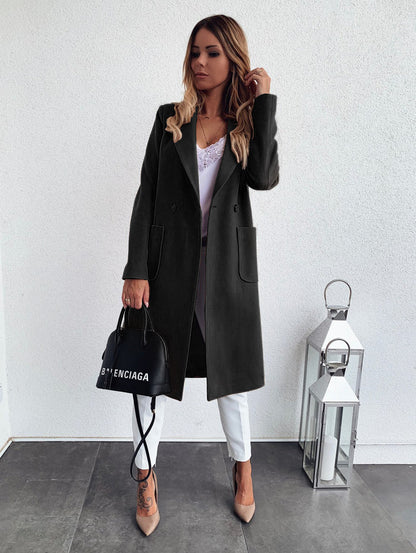 Double Pocket Woolen Long Sleeve Coat Black