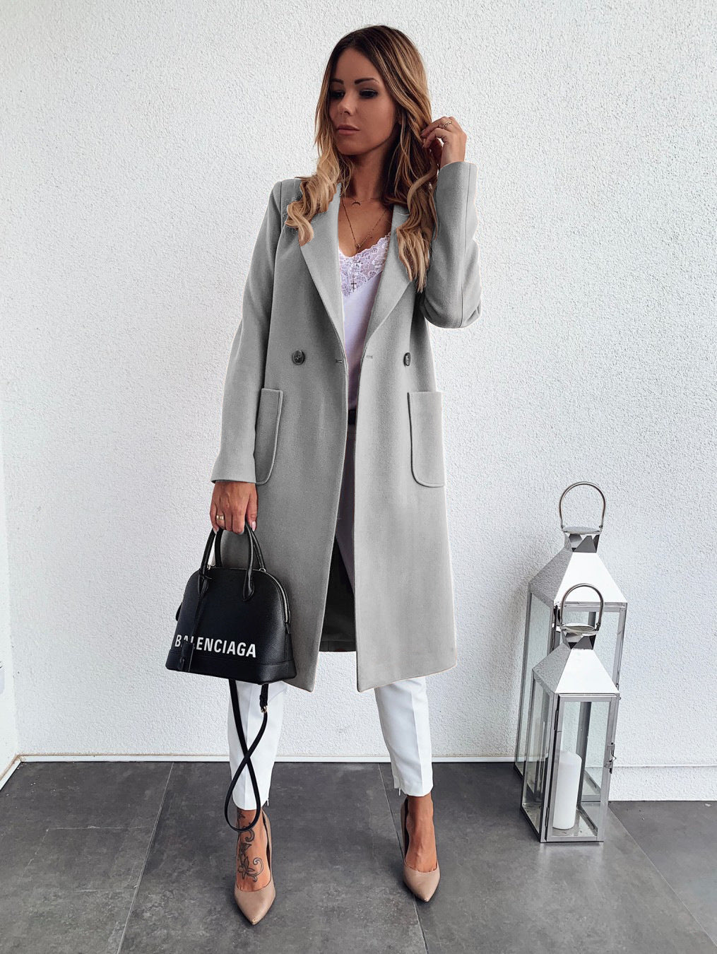 Double Pocket Woolen Long Sleeve Coat Gray