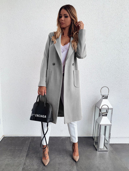 Double Pocket Woolen Long Sleeve Coat Gray