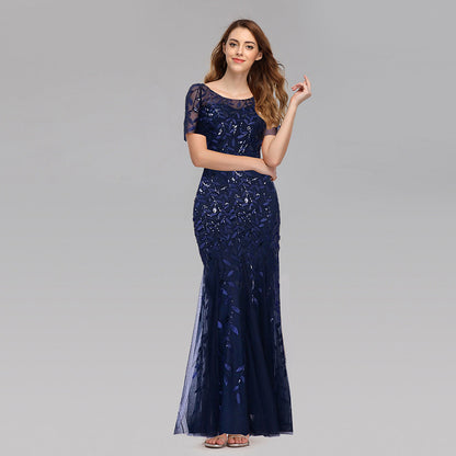 Priyanka Short Sleeves Mesh Sequined Evening Navy Blue