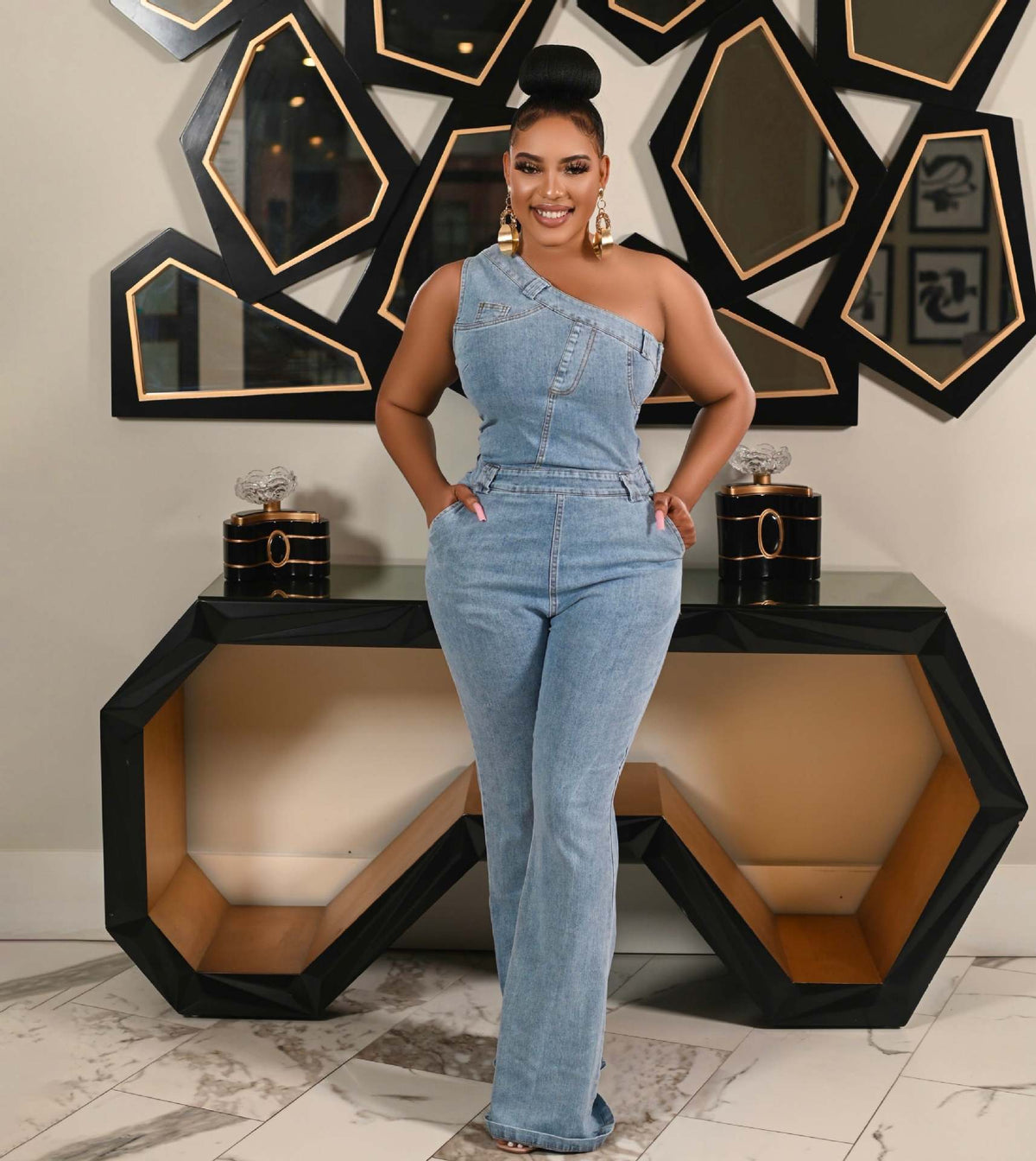 One Shoulder Denim Jumpsuit Light Blue