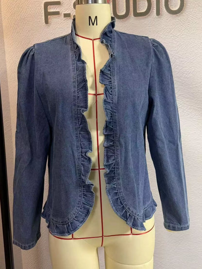 Full Size Open Front Ruffled Trim Washed Denim Jacket Plus Size
