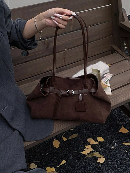 Suede Decorative Belt Buckle Shoulder Bag