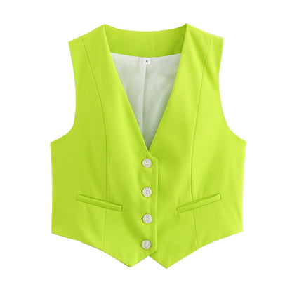 Retro Candy Color V-neck Vest Waistcoat Fluorescent Green