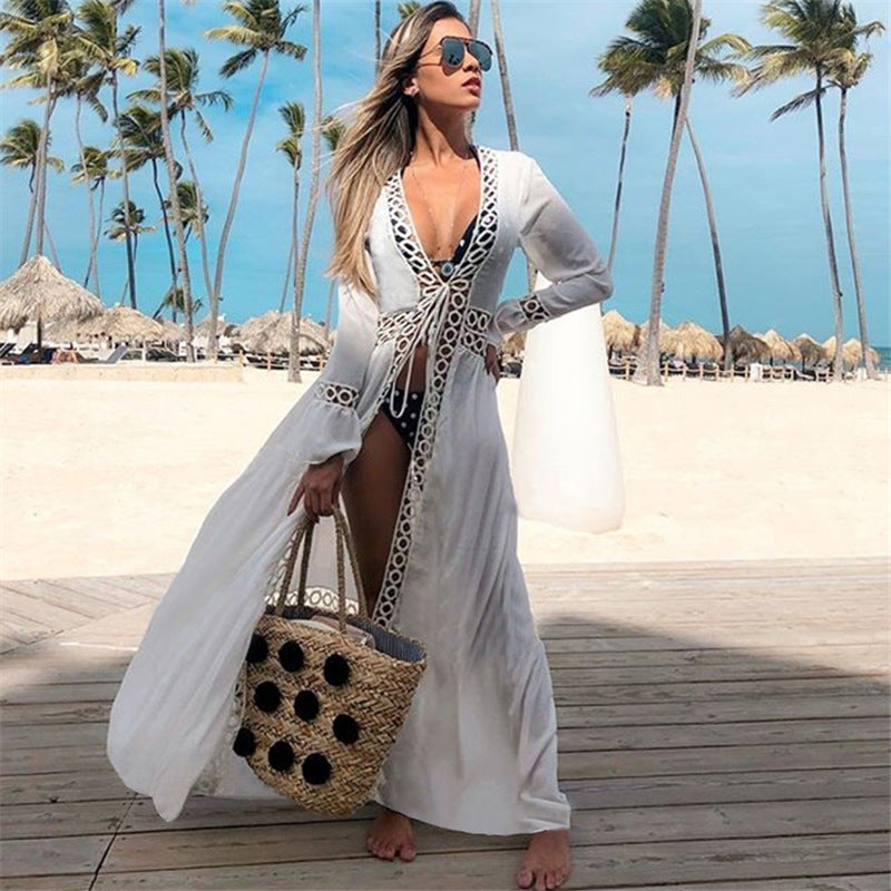 Rayon round Hole Lace Beach Cover up Sexy Cardigan Vacation Sun Protection Shirt Beach Cover Up One Size White