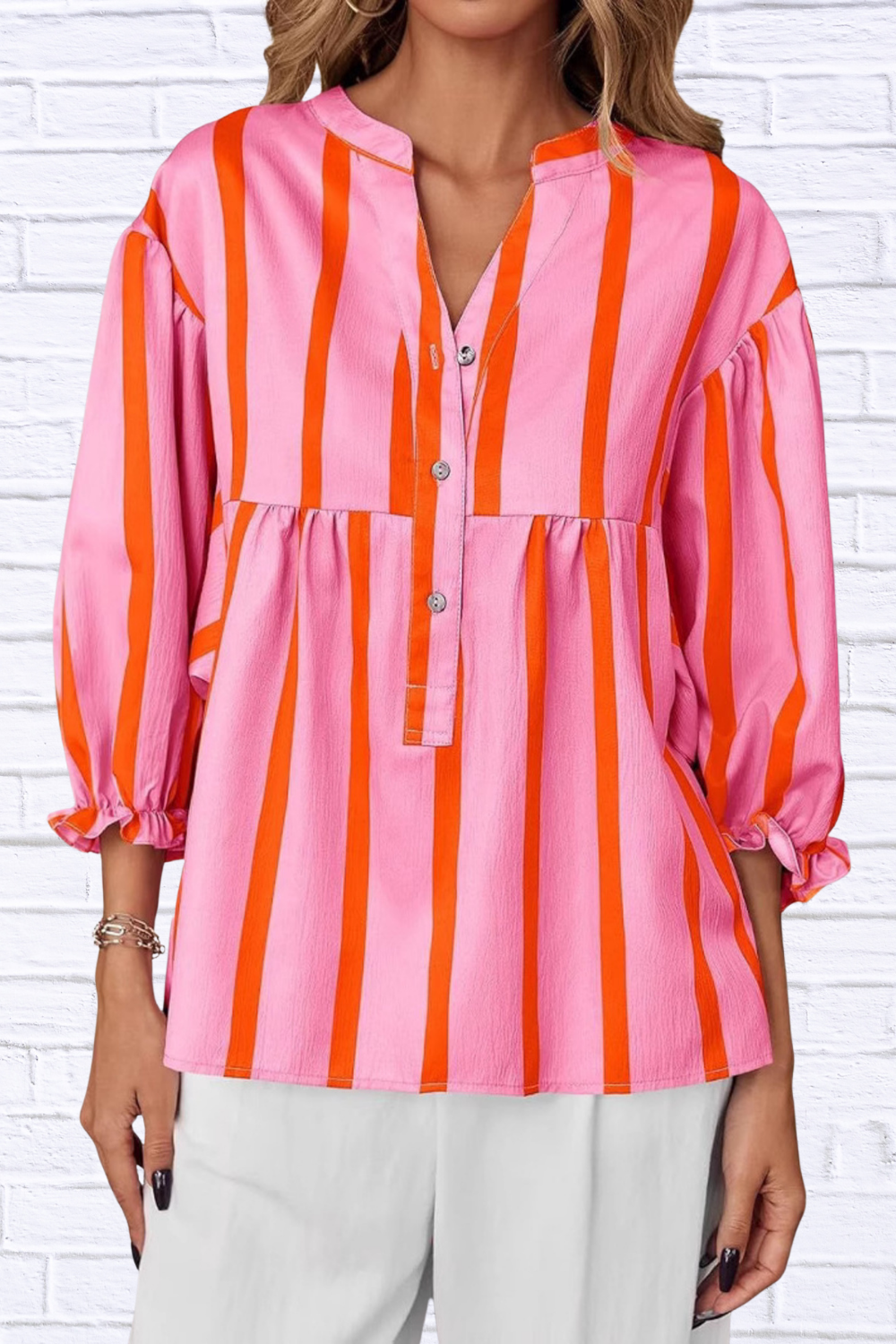 Striped Button Front Notched Blouse Pink