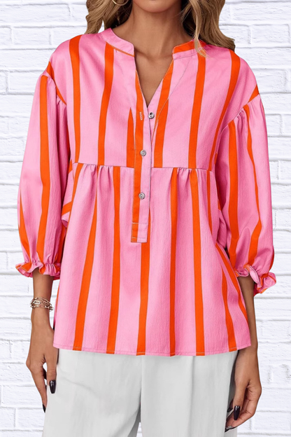 Striped Button Front Notched Blouse Pink