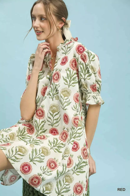 Umgee Floral Puff Sleeve Babydoll Dress with Side Pockets