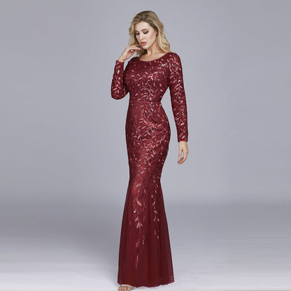 Jennifer Long Sleeves Elegant Sequin Evening Gown Burgundy