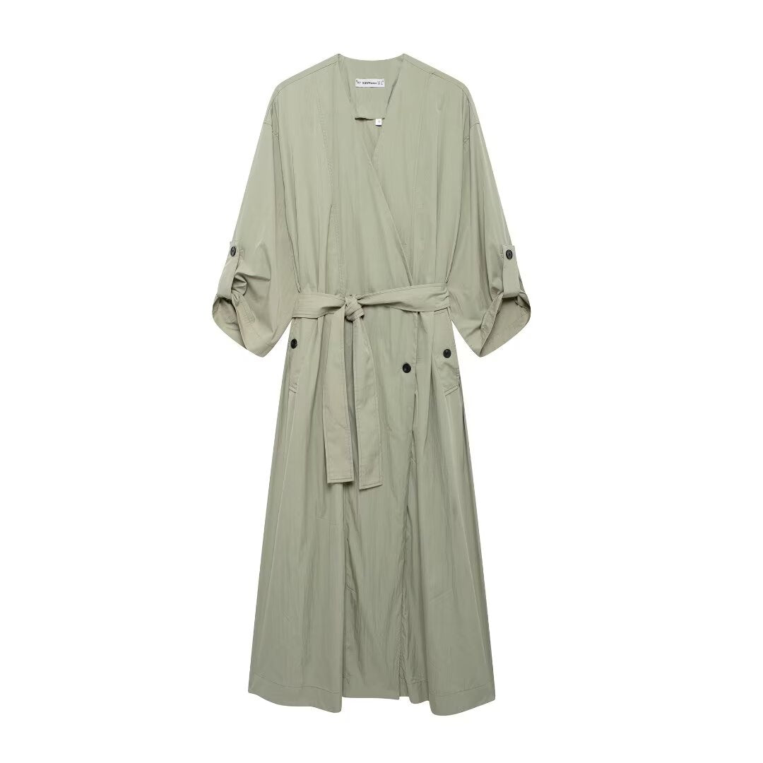 V Neck Lace Up Trench Coat Green