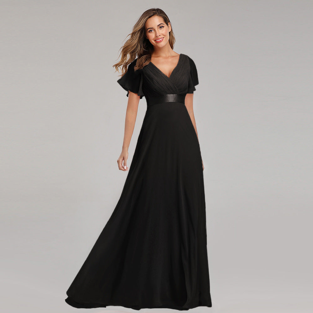Elegant V Neck Solid Evening Dress Black