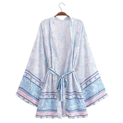 Rayon Printed Loose Kimono Coat Light Blue
