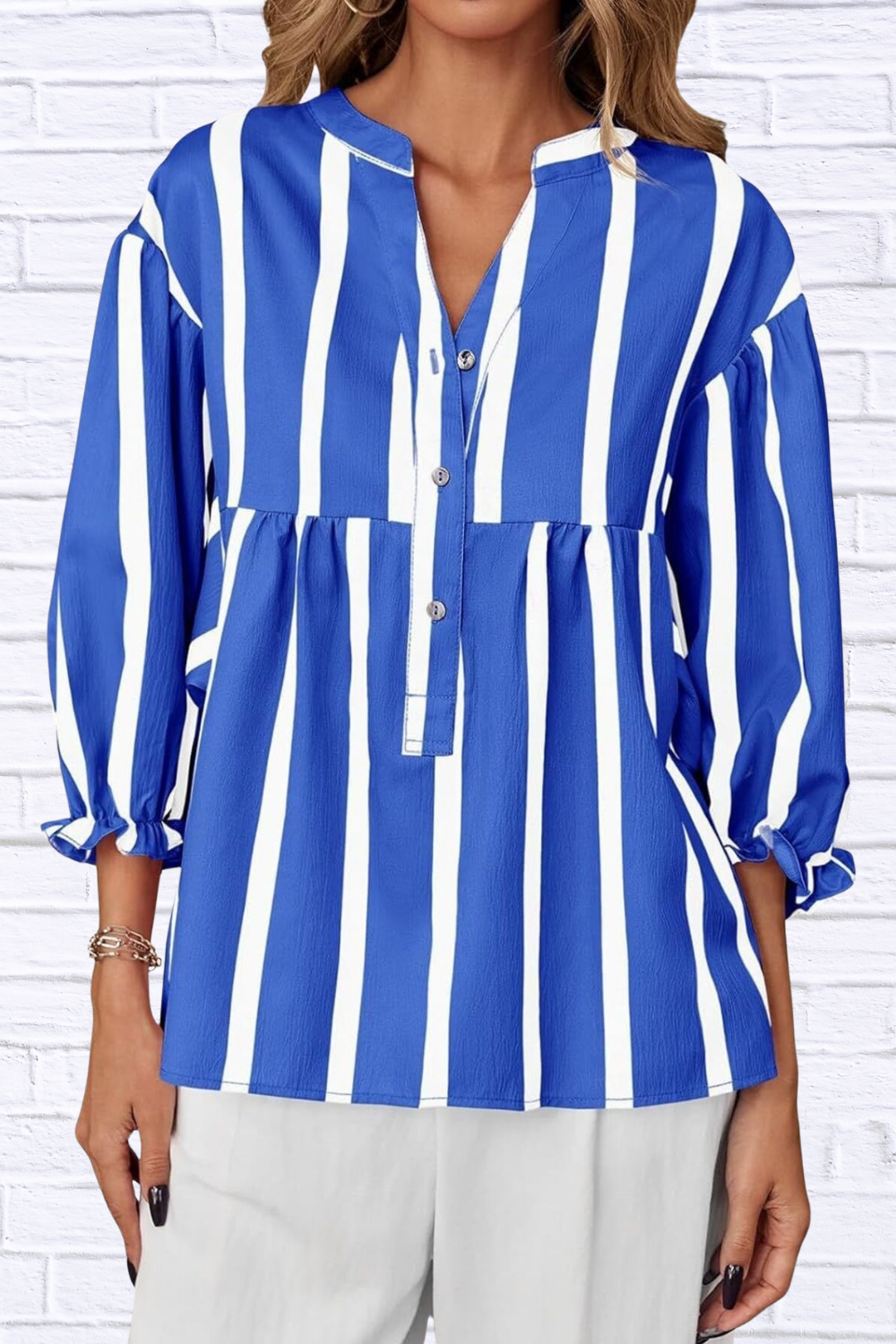 Striped Button Front Notched Blouse Blue