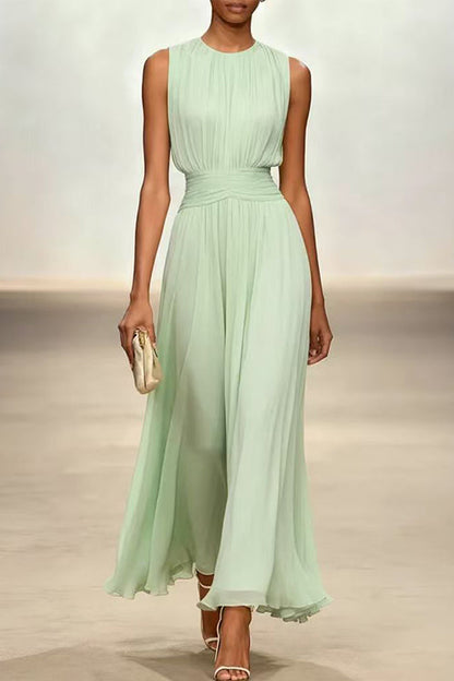 Crewneck Sleeveless Zipper Back Waisted Maxi Dress