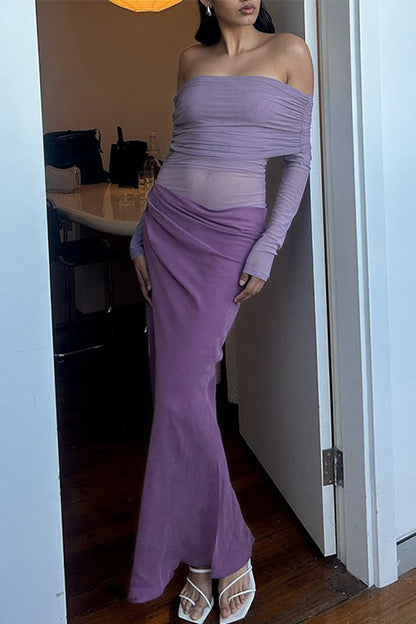 Off Shoulder Long Sleeves Mesh Splice Maxi Dress