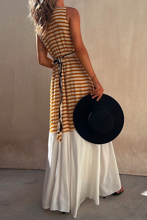 Sleeveless V Neck Printed Splice Maxi Swing Dress