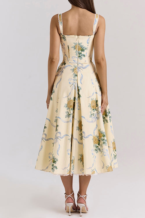 Lace Trim Drawstring Floral Print Midi Cami Dress