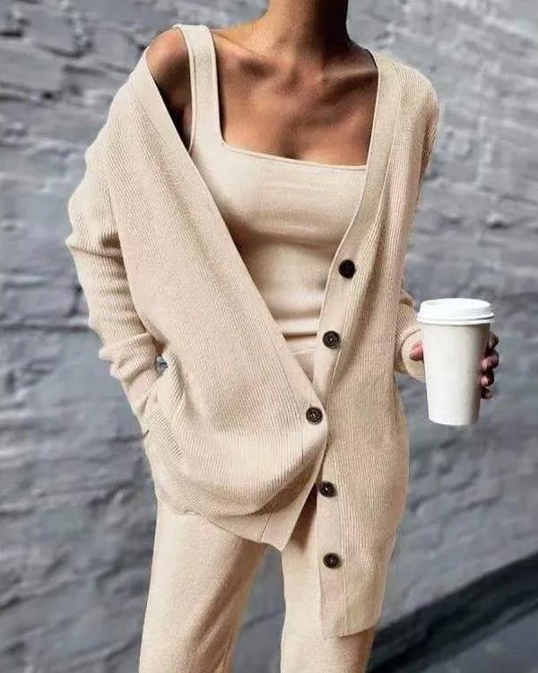 Clidress Camisole Sweater Cardigan Knit Pants 3 Pieces Set