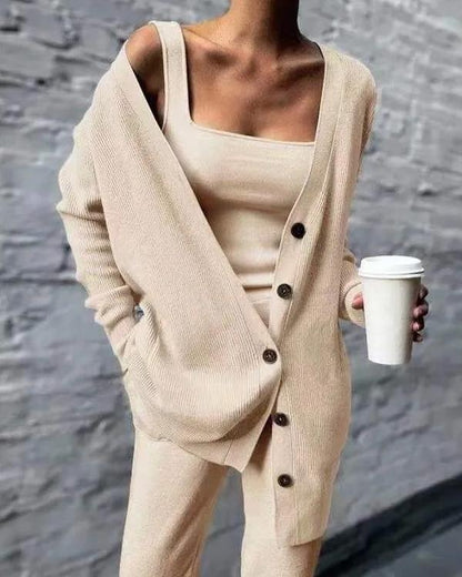 Clidress Camisole Sweater Cardigan Knit Pants 3 Pieces Set