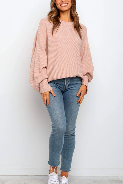 Batwing Long Sleeves Ribbed Knit Tunic Sweater Pink