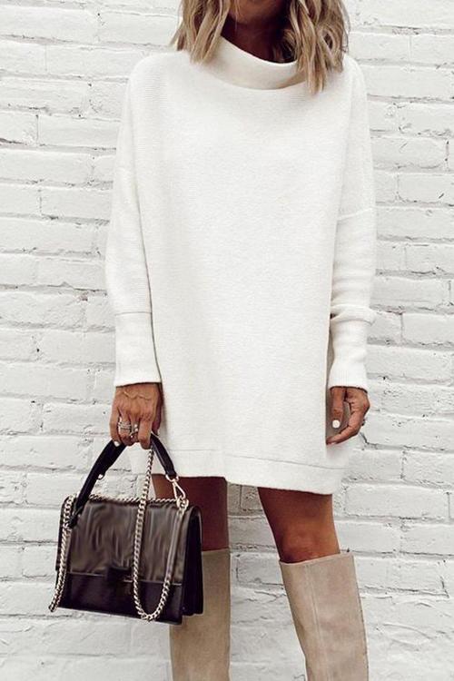 Mockneck Drop Shoulder Solid Mini Dress White
