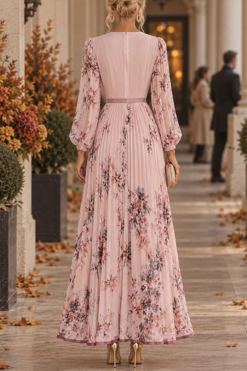 V Neck Lantern Long Sleeves Floral Print Pleated Maxi Dress (A)