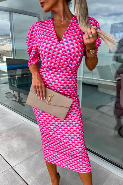 Wrap V Neck Puff Sleeves Printed Midi Bodycon Dress