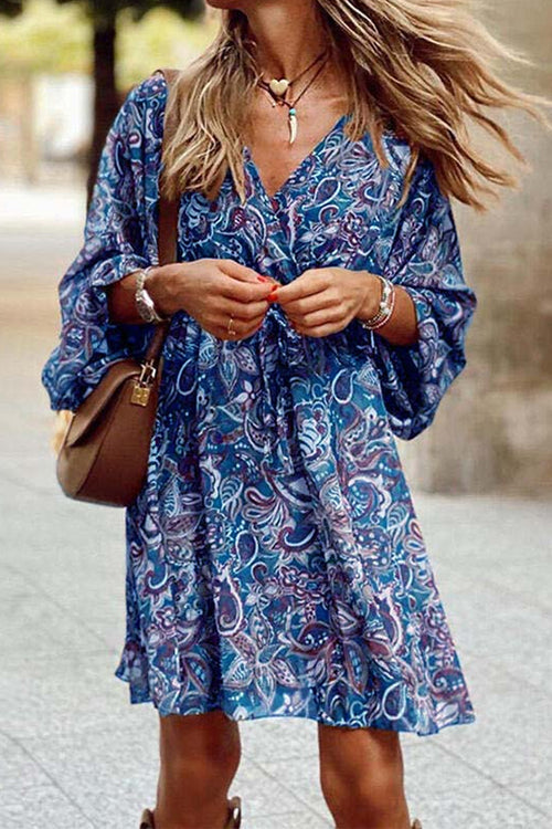 Wrap V Neck 3/4 Sleeves Tie Waist Floral Print Dress Blue