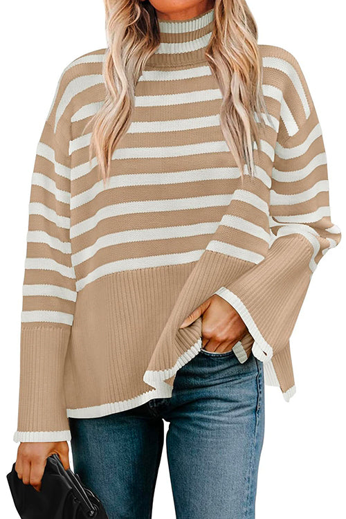 Turtleneck Side Split Striped Sweater Khaki