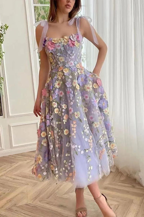 Bow Shoulder Flower Embroidery Swing Midi Cami Dress Light Purple