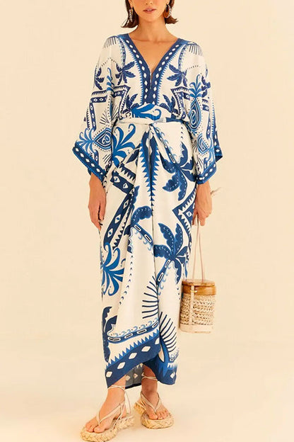 V Neck Kimono Sleeves Tie Waist Printed Wrap Dress Blue