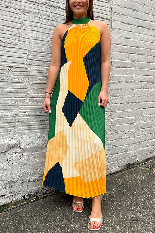 Halter Backless Color Block Printed Maxi Pleated Dress Print
