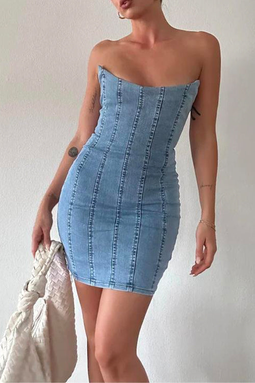 Strapless Tube Top Denim Mini Bodycon Dress Blue