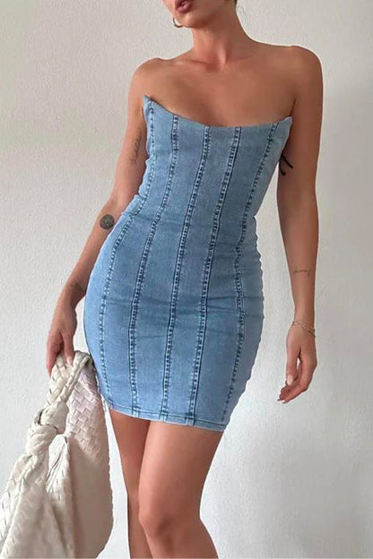 Strapless Tube Top Denim Mini Bodycon Dress Blue