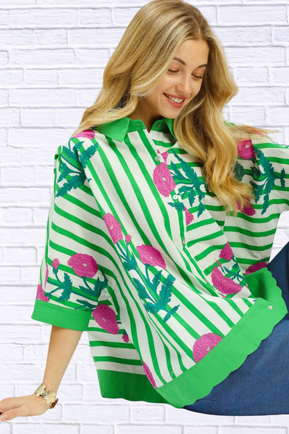 Umgee Mix Floral Stripe Button Down Top