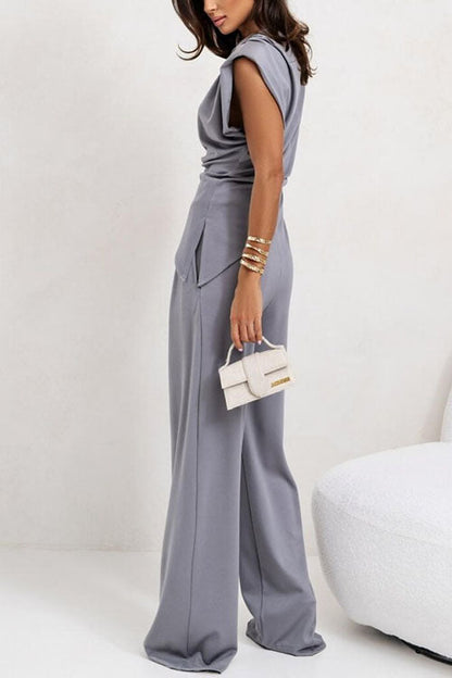 Ruched Asymmetrical Top and Wide Leg Pants Set