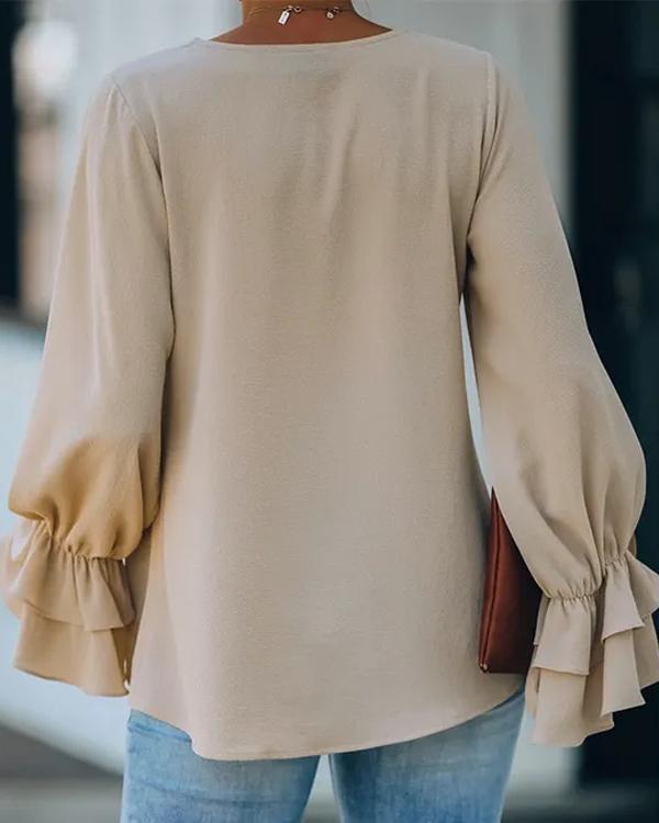 Clidress V Neck Scollop Sleeve Satin Top
