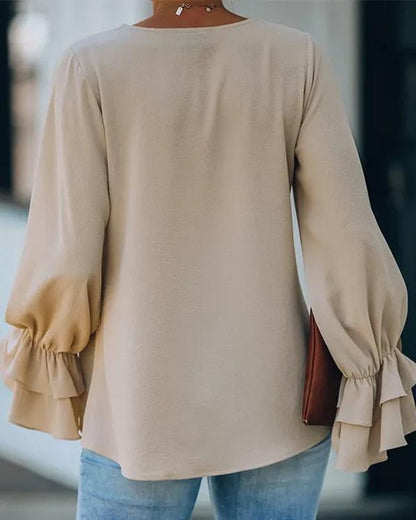 Clidress V Neck Scollop Sleeve Satin Top