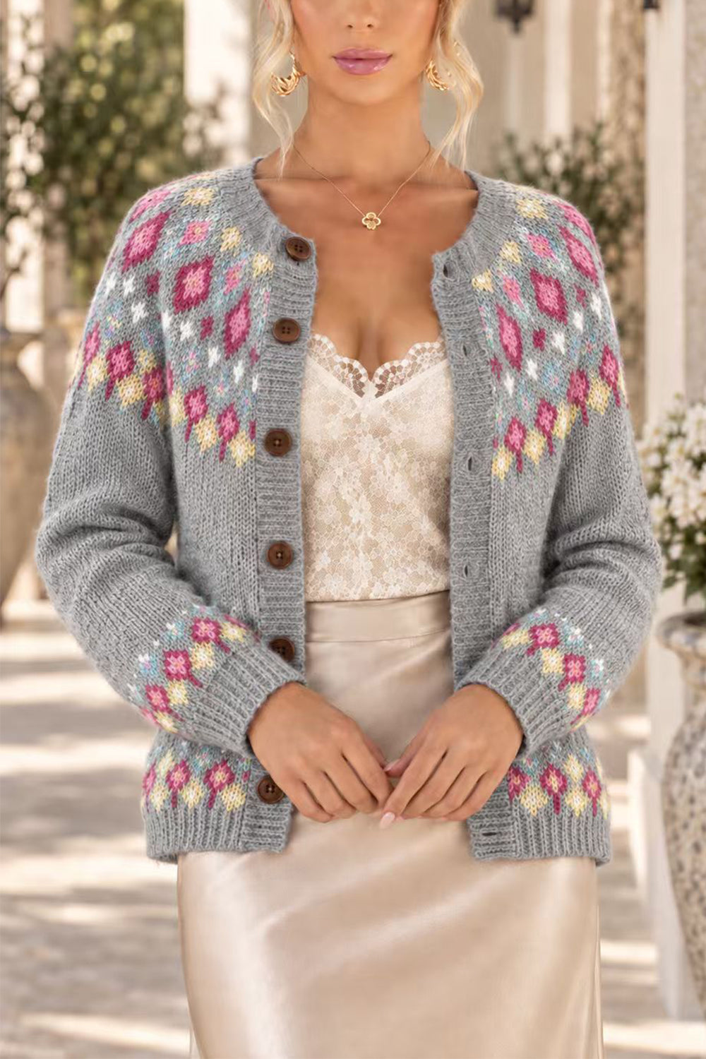 Button Down Printed Sweater Cardigan